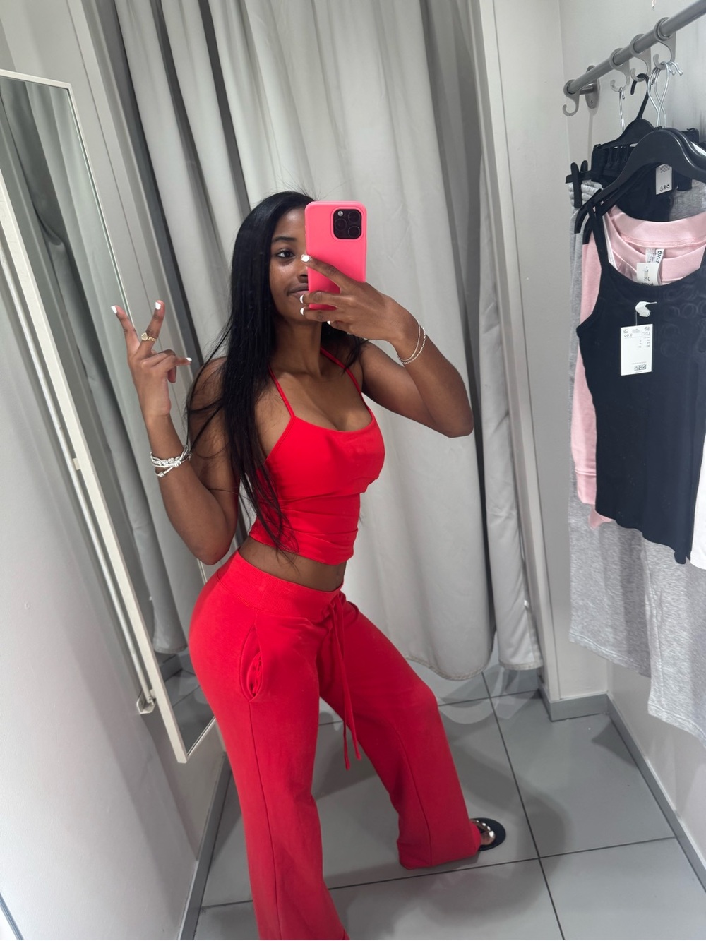 Garage Red Wide-Leg Lounge Pants with Cropped Strappy Tank